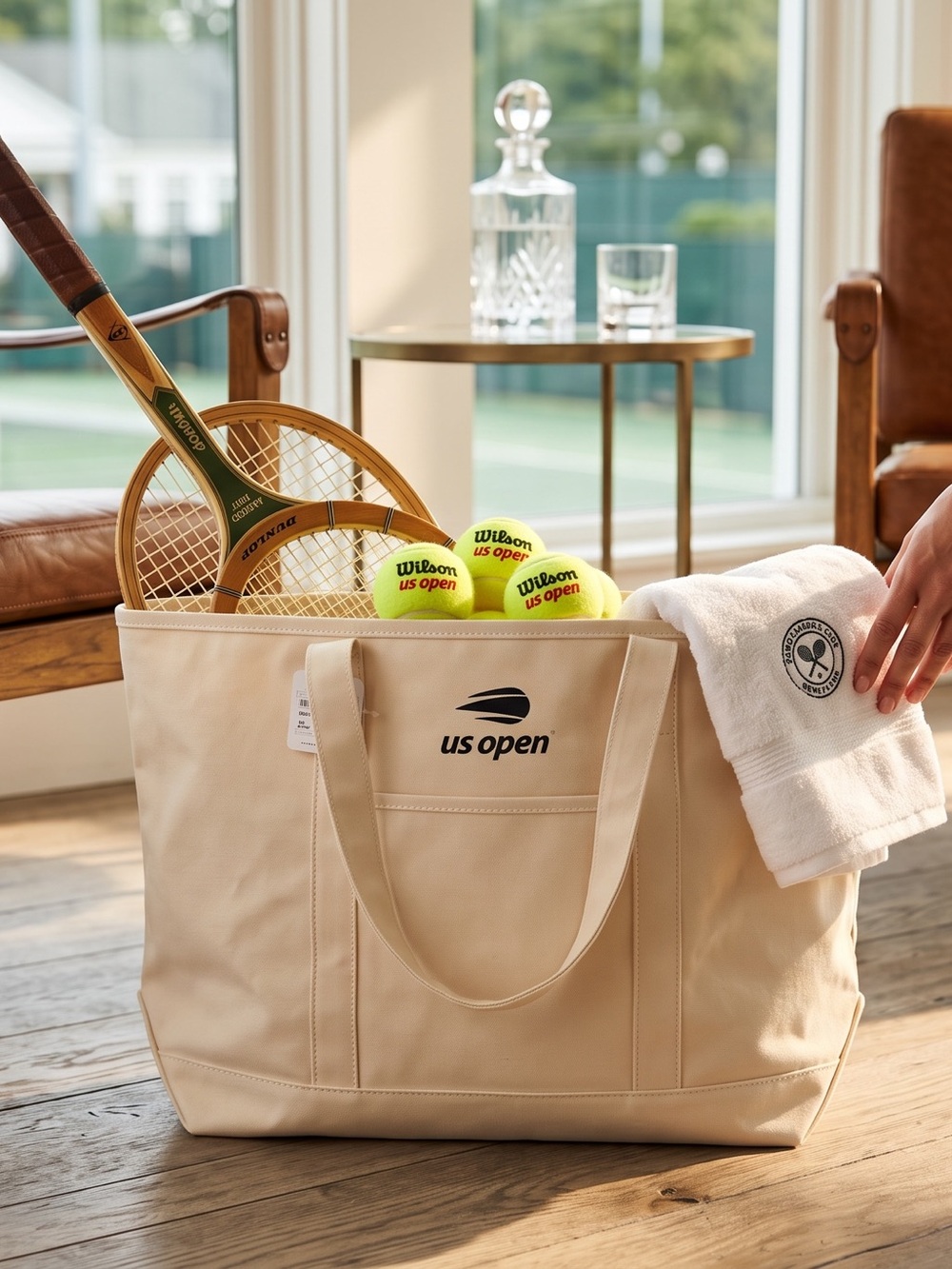 TRVL US Open Waxed Canvas Tote Bag Ivory Tennis Logo NWT